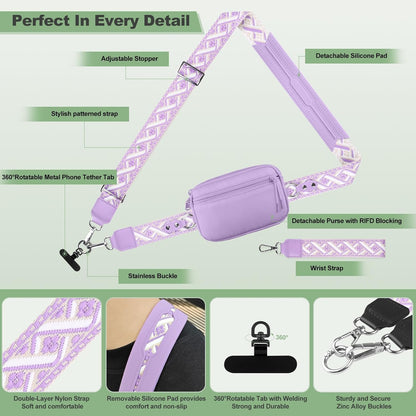 Clip and Go Strap for Phone with Wallet Crossbody, Adjustable Phone Lanyard with Detachable RFID Wristlet Wallet, Pattern Strap, Purple (M)