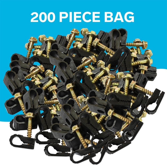 STEREN Coaxial Cable Clips - Cable Holder - Siding Clips for Hanging - Cord Holder for Desk - Cable Clamps - Cord Clip - Wire Organizer Clips - Tv Mount Screws (Black, 200 Count - Single Screw)