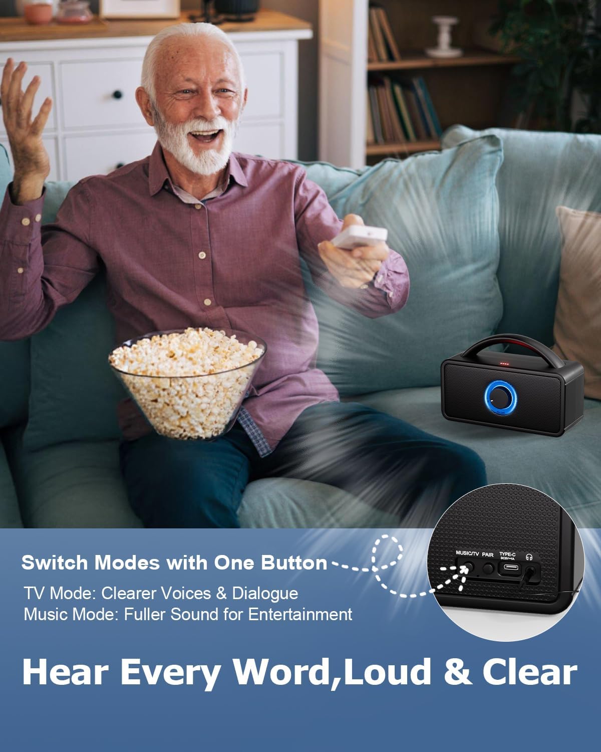 Wireless TV Speaker, Portable TV Audio Amplifier with Voice Clarifying Mode, Home TV Speakers with AUX/Optical/HDMI Input, 20-Hour Playback, Easy Plug & Play