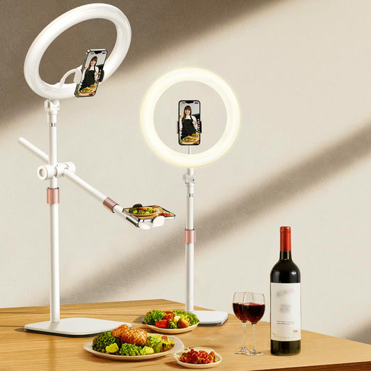 Overhead-Phone-Mount,Stable Overhead-Camera-Mount-Stand [Anti-Shaking] with 10.5" Ring Light, Flexible Desk-Stand for iPhone with Ring-Light for Video-Recording,Zoom Meeting,YouTube,TikTok, White