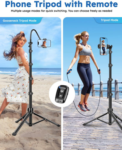 86" Tripod for iPhone, Stable & Tall Phone Tripod with Remote and Flexible Gooseneck for Video Recording/Watching/Cooking/Fitness/Vlogging