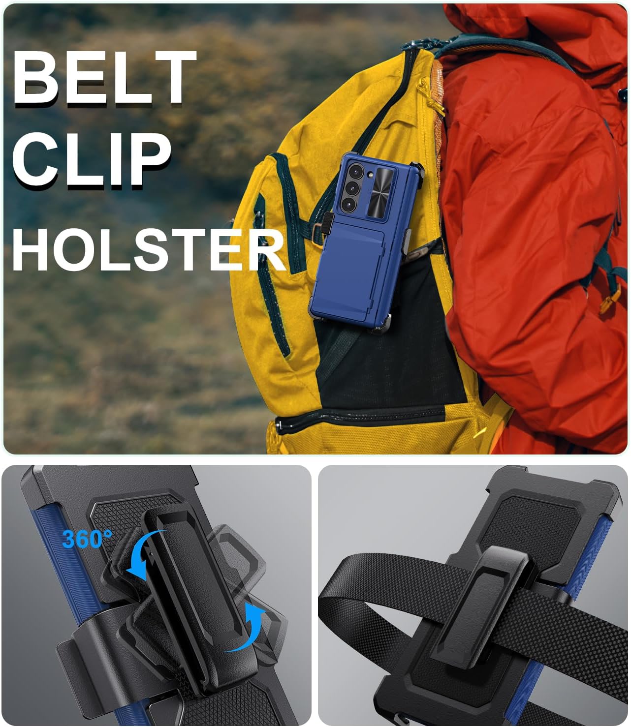 for Samsung Galaxy Z Fold 6 Case with Card Holder & Belt Clip & Slide Camera Cover, Built-in Hinge Protection & Screen Protector, Rugged Wallet Phone Cover Case for Z Fold 6 5G 2024, Blue