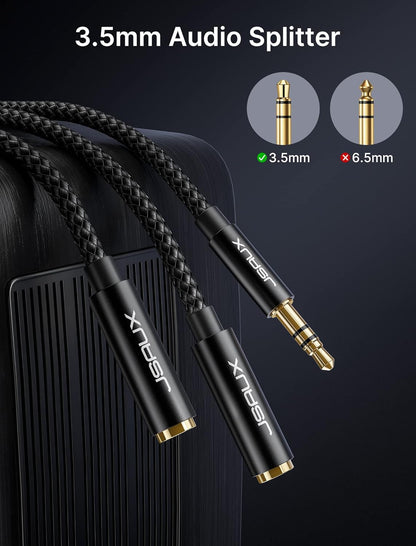 JSAUX Headphone Splitter 4ft, Audio Splitter 3.5mm Male TRS to 2 Dual 3.5mm Female Adapter Nylon-Braided for iPhone, Samsung, Tablets, Laptop, PlayStation and More [Black]
