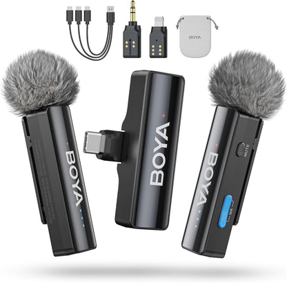 BOYA BOYALINK 2 A2 (2TX+3RX Adapter) Wireless Lavalier Microphone for iPhone Camera Android, Clip on Mic, 48 KHz 24 Bit, 6mm Mic, 1000ft, Noise Cancelling, Mini Lapel Mic USB-C/Lightning/3.5mm TRS