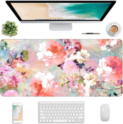 Extended Gaming Mouse Pad, XXL Large Desk Pad 30 x 14 Inch, Big Computer Keyboard Mousepad, Waterproof Mouse Mat with Stitched Edges and Non-Slip Base for Women Office Gaming, Flower