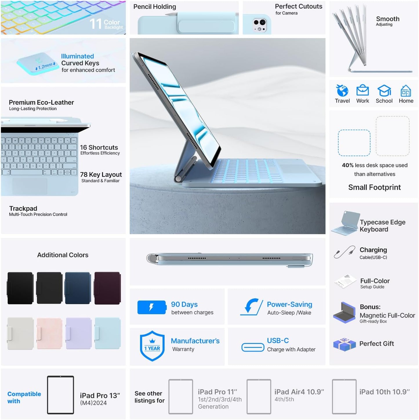 typecase Keyboard Case for iPad Pro 13-inch (M4) 2024,Magic Keyboard with 11 Colors Backlight for iPad Pro 13,Keyboard Case with Pencil Holder,Multi-Touch Trackpad, Easy-Set Magnetic Stand,Light Blue