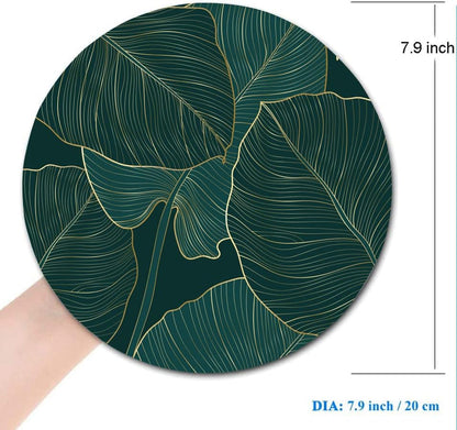 Mouse Pad, Round Computer Mouse Mat with Design, Non-Slip Rubber Base Small Mousepad, Waterproof Office Mouse Pads, Green Tropical Leaves