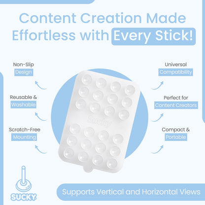 SUCKY Double Sided Suction Phone Octo Cup Buddy Mount - Anti-Slip Holder, Hands-Free Phone Accessory for iPhone and Android - Sticky Grip for Selfies, Videos - Clear