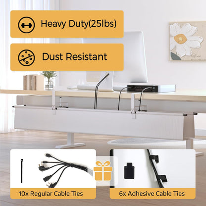 Under Desk Cable Management Tray - 48" Cord Organizer for Desk No Drill, Fabric Under Table Wire Organizer with 16X Cable Ties Hide for Office/Home, Cord Hider Fits Adapters & Sockets, White