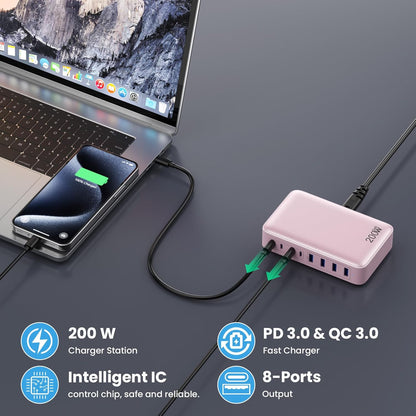 USB C Charger 200W USB C Charger Block,Upgraded GaN III 8-Port Fast Charging Station Hub,PD 65W Laptop Charging Adapter Compatible with MacBook Pro/Air,DELL,Steam Deck,iPhone 16/15/14,Galaxy S23/22