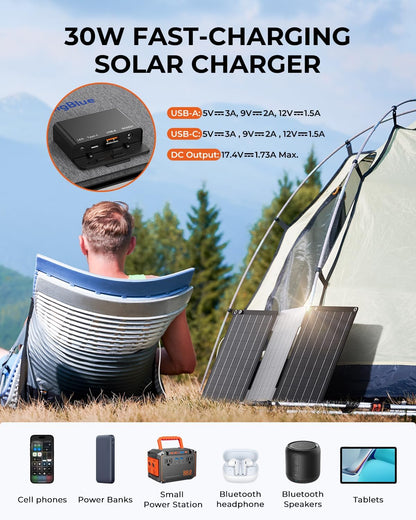 [Upgraded] BigBlue 30W Solar Panel Charger with Fast Charging USB-A and USB-C, DC Ports, SolarPowa 30 Portable Solar Panel, IP68 Waterproof, Compatible with iPhone, Samsung, iPad, Small Power Station