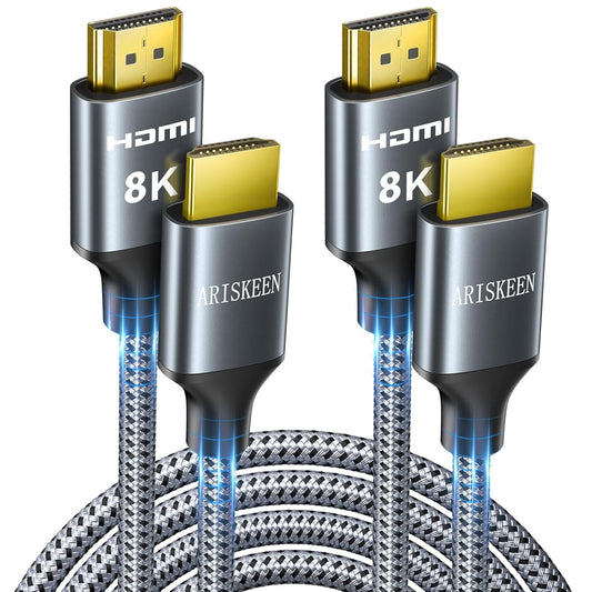ARISKEEN 8K HDMI Cable 15FT 2-Pack, 48Gbps High Speed HDMI 2.1 Cable, 8K 60Hz, 4K 120Hz 144Hz Support for HDR 10, HDCP 2.2 2.3, eARC, DTS:X, Braided HDMI Cord Compatible with Laptop/HDTV - 15 Feet