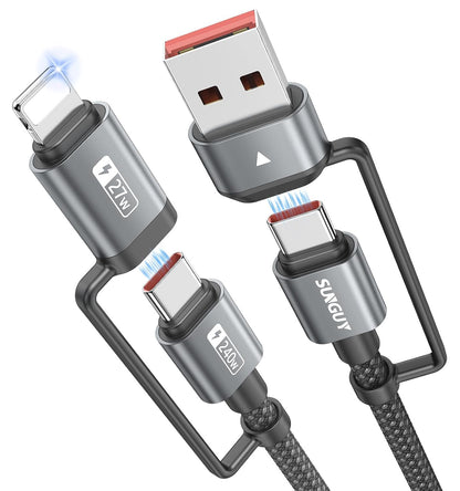 SUNGUY 4-in-1 Charging Cable 3FT, MAX 240W Multi Charge Cable with Lighting/Type C/USB A Port, USB A/Lighting to USB C Cable Adapter for iPhone 16/15/14 Pro Max, Galaxy S24 S23 S22 and More