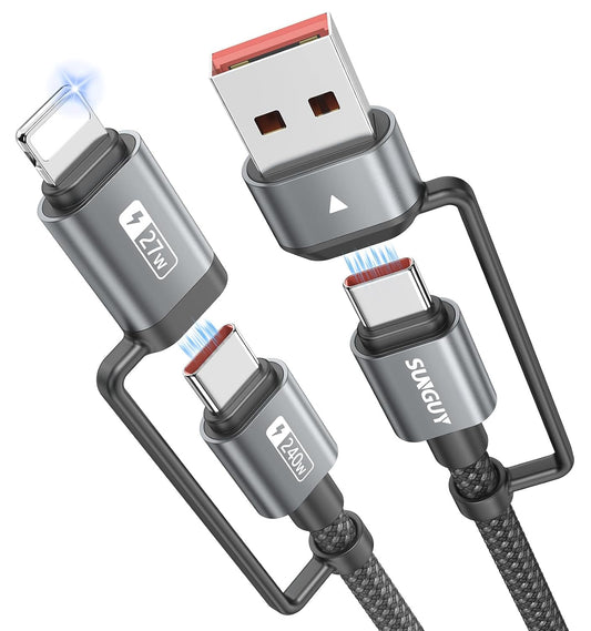 SUNGUY 4-in-1 Charging Cable 3FT, MAX 240W Multi Charge Cable with Lighting/Type C/USB A Port, USB A/Lighting to USB C Cable Adapter for iPhone 16/15/14 Pro Max, Galaxy S24 S23 S22 and More