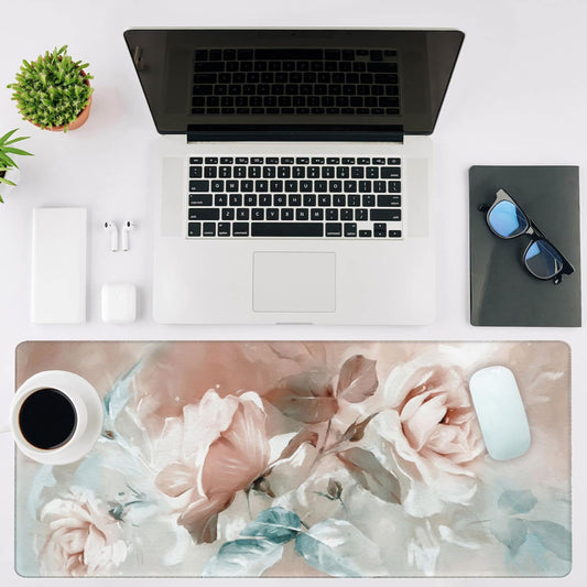 Mouse Pad Large Rose and Leaves Non-Slip Game Desk Mat with Stitched Edge Laptop Keyboard Desk Pad for Work Home Gaming (35.4 x 15.7 Inches)