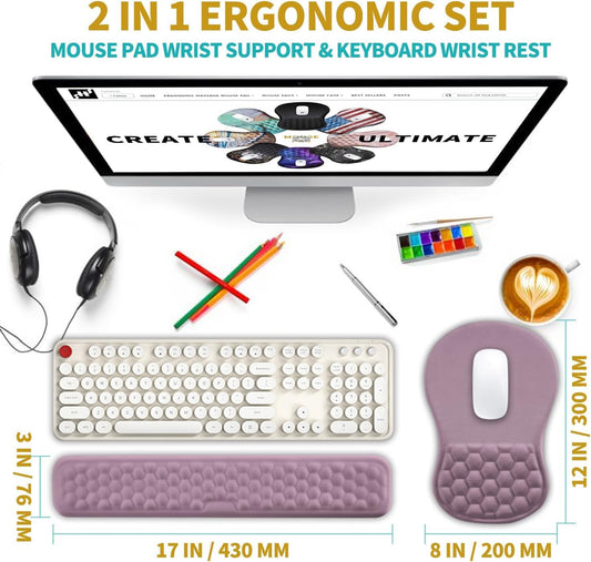 Hokafenle 2 in 1 Ergonomic Mouse Pad Wrist Support & Wrist Rest for Computer Keyboard Set, with Relieve Carpal Tunnel Pain Massage Bulge and Full Memory Gel Design (2In1 Set, Purple)