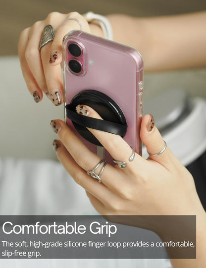 Heesch Magnetic Phone Grip for Back of Phone Ring Holder for Phone Case with Loop Finger Strap for iPhone 16 Pro Max Grip Magsafe Accessories, Black Loopy Phone Case