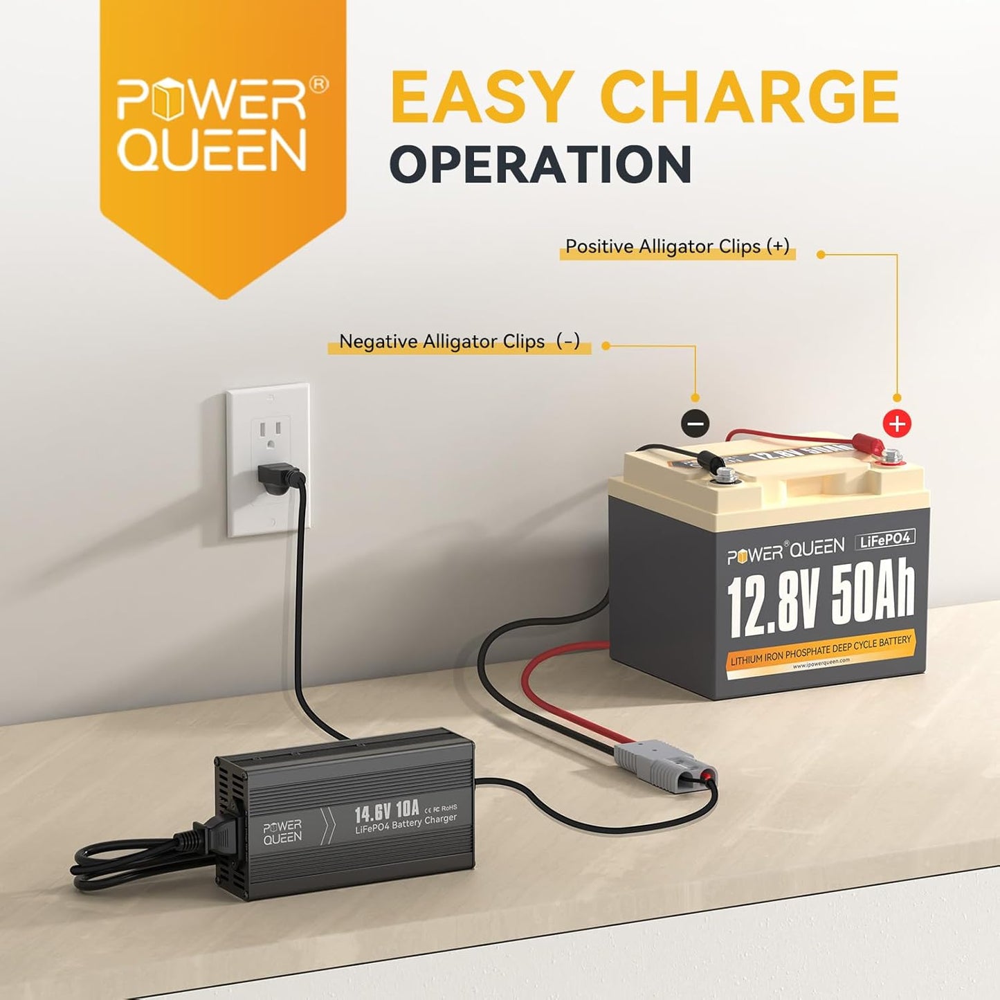 Power Queen 12.8V 50Ah LiFePO4 Battery with 14.6V 10A LiFePO4 Battery Charger; Built-in 50A BMS, Fast and Fully Charged, 15000+ Cycles, Perfect for Kayak, RV, Trailer, Solar Application