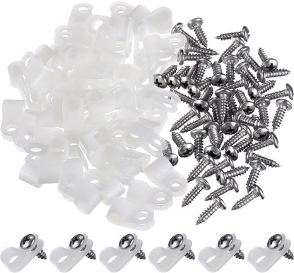 Hicarer 50 Pack R-Type Cable Clip Wire Clamp, Nylon Screw Mounting Cord Fastener Clips with 50 Pack Screws for Wire Management (White, 1/4 Inch)