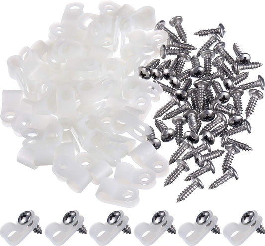 Hicarer 50 Pack R-Type Cable Clip Wire Clamp, Nylon Screw Mounting Cord Fastener Clips with 50 Pack Screws for Wire Management (White, 1/4 Inch)