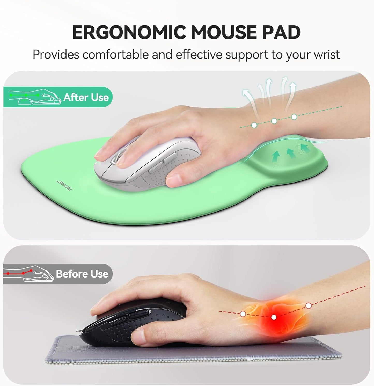 TECKNET Gel Mouse Pad with Wrist Rest, Ergonomic Office Mousepad with Wrist Support - Non-Slip & Smooth Surface Comfortable Desk Accessories Mat for Office, Gaming and Study - Green