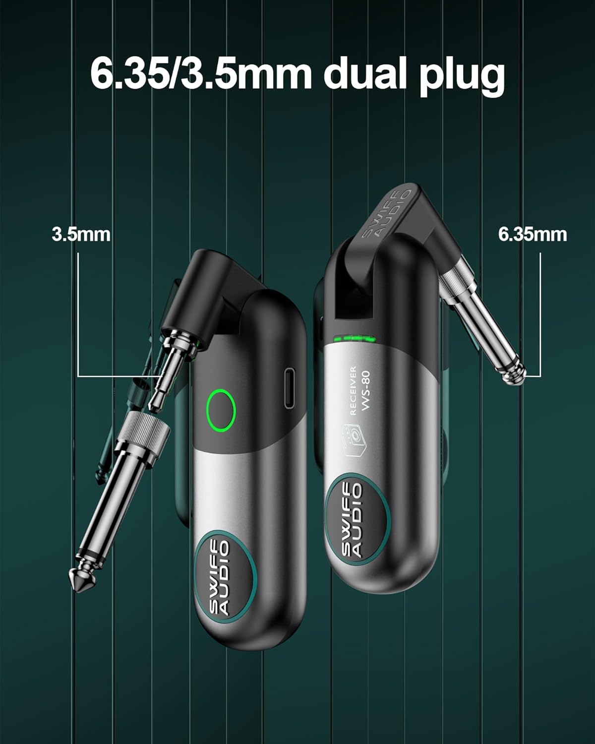 Wireless Guitar System, SWIFF Wireless Guitar Transmitter Receiver with 10 Channels, Dual Interface Design Guitar Wireless System for 6.35mm/3.5mm Audio Devices