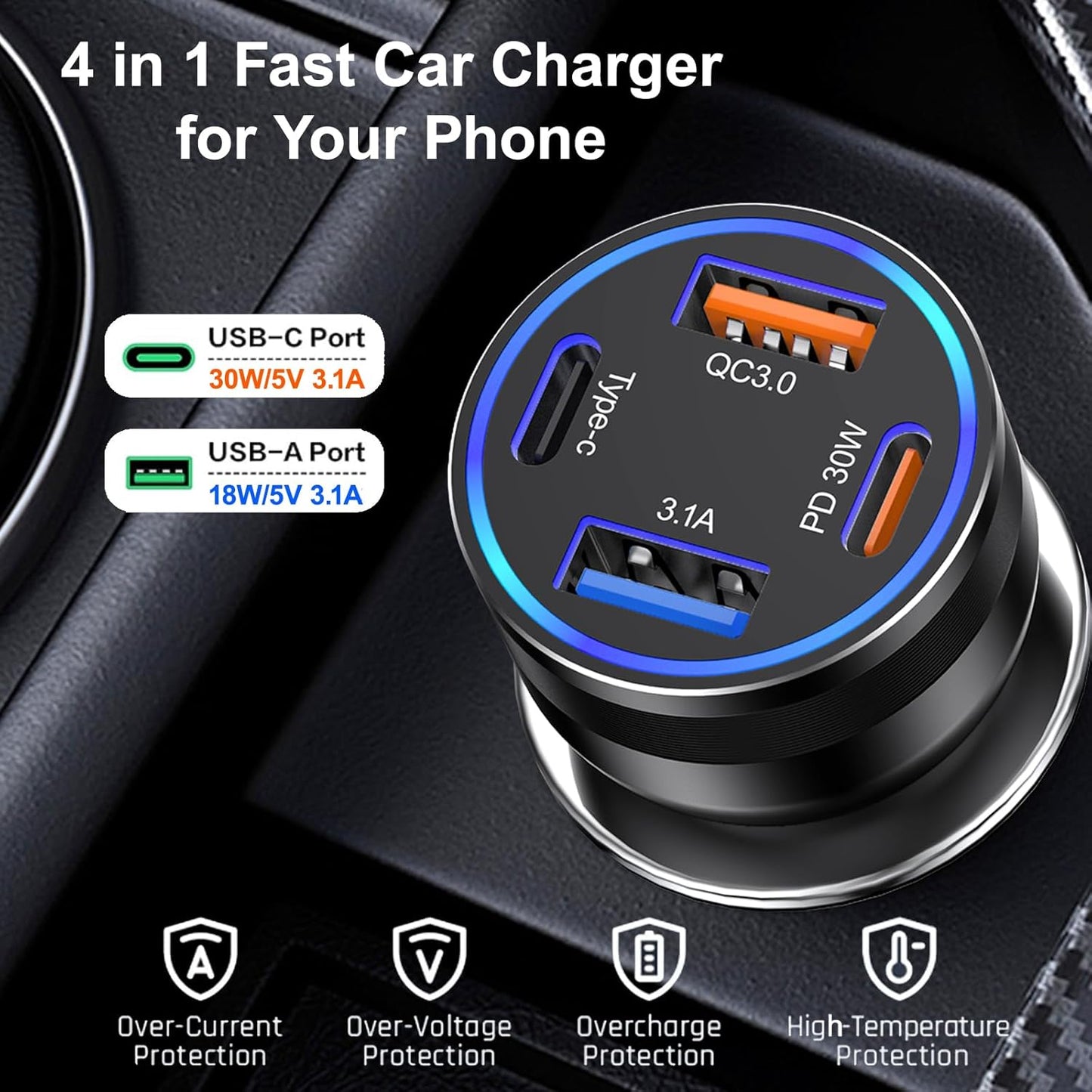 Car Charger USB C Fast Charging, 65W 4-Port Fast Car Phone Charger Accessories Dual USB-C & USB-A Cargador Carro Cigarette Lighter Adapter for iPhone 16 15 14 13 Pro Max,iPad,Samsung,Tablet,Android