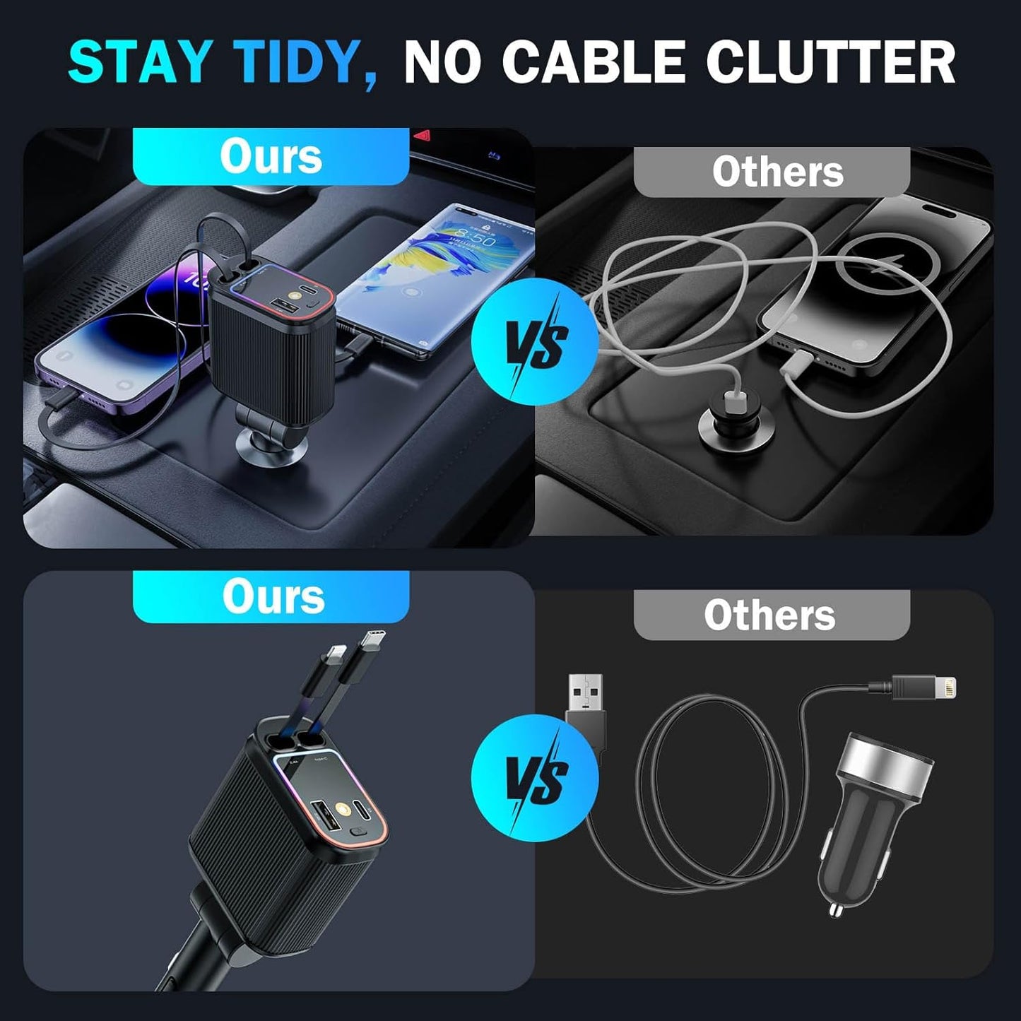 Car Charger with Starlight, 66W USB C Fast Car Charger Adapter, 4 in 1 Retractable Car Chargers with 2 USB Ports for iPhone 15/14/13/12/11 and for Android (Dark Black)