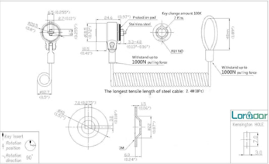 8Feet 3keys Security Retractable Cable Lock Portable Keyed Laptop Lock for Monitors, Laptops, MacBooks, Tablets, iPad,Mac mini, (Keyed Different+Black Anchor Plate) (1 Pack)