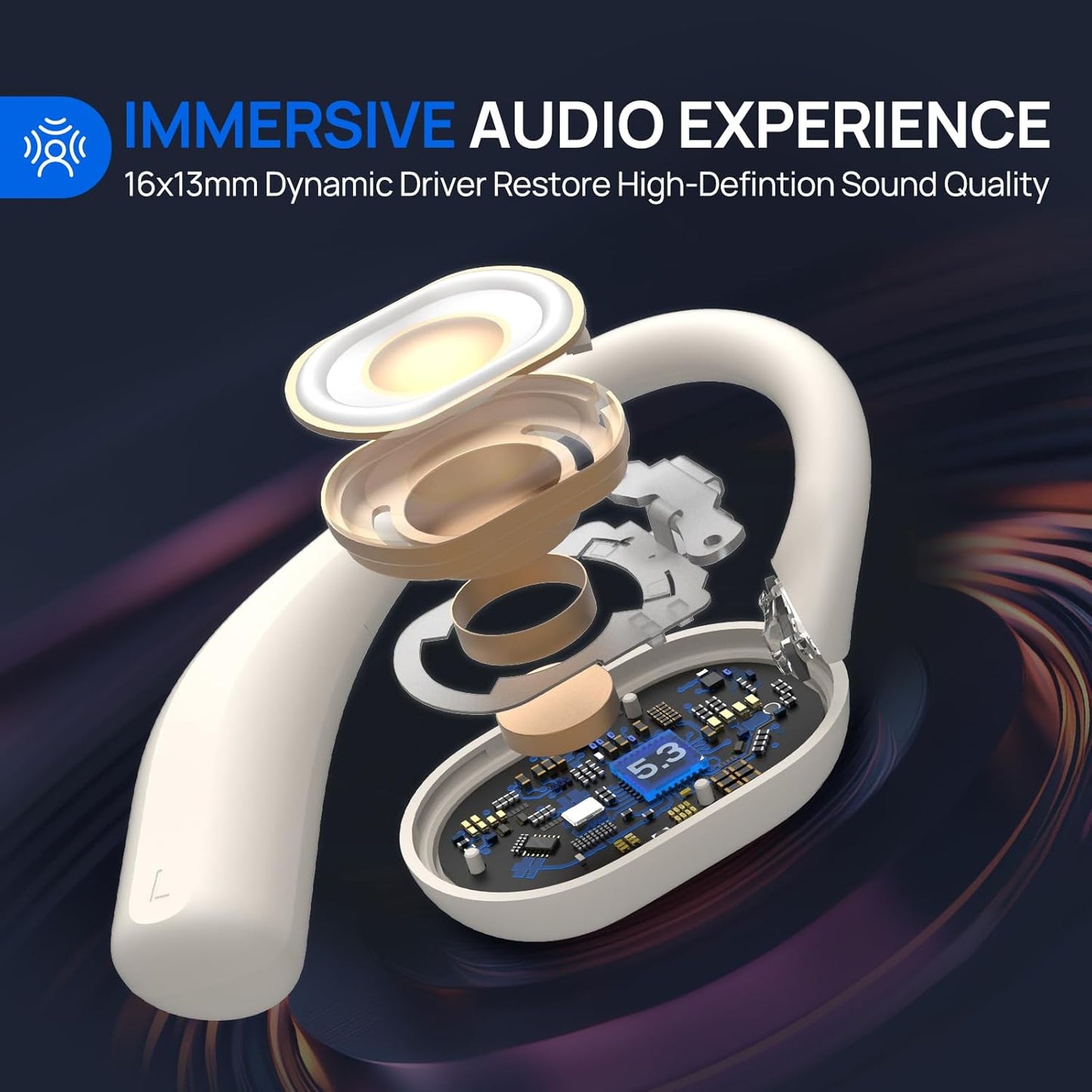 Open Ear Earbuds,Wireless Headphones with Earhooks,Earphones Wireless Bluetooth Air Conduction,Ultra-Comfort,Clear Calls,30H Playtime,IP54 Waterproof