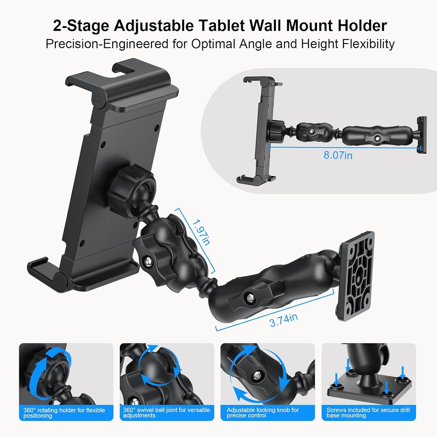 PLDHPRO Tablet Mount for Truck, Heavy Duty Drill Base Tablet Holder for Car Dashboard, Adjustable 2-Stage Stand Compatible with iPad, Galaxy Tab/Z Fold, 5.1-15.6'' Phone Tab for Wall, Vehicle, Boat
