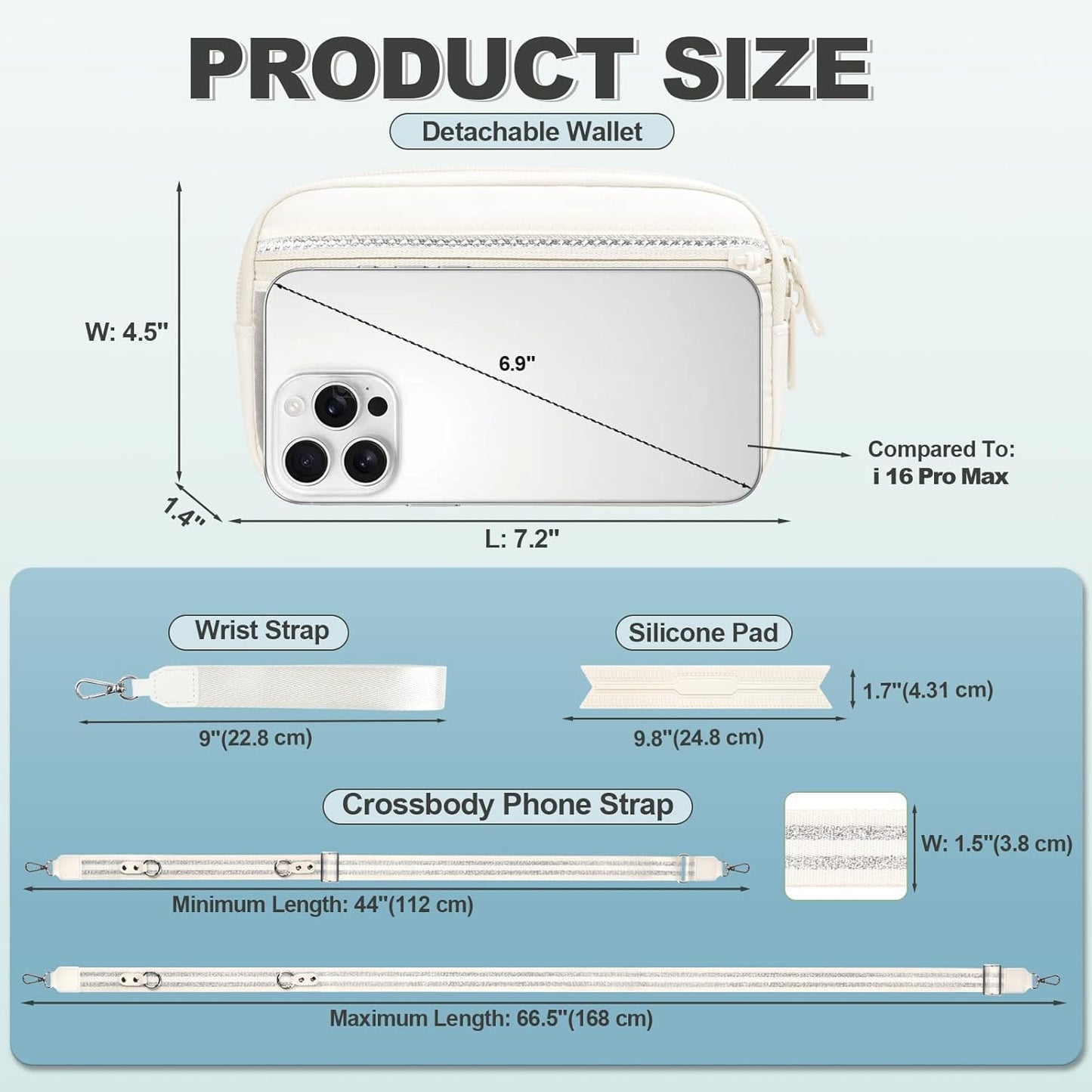 Clip and Go Strap for Phone with Wallet Crossbody, Adjustable Phone Lanyard with Detachable RFID Wristlet Wallet, Pattern Strap - Cream&Silver (L)