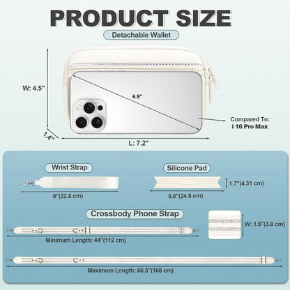 Clip and Go Strap for Phone with Wallet Crossbody, Adjustable Phone Lanyard with Detachable RFID Wristlet Wallet, Pattern Strap - Cream&Silver (L)