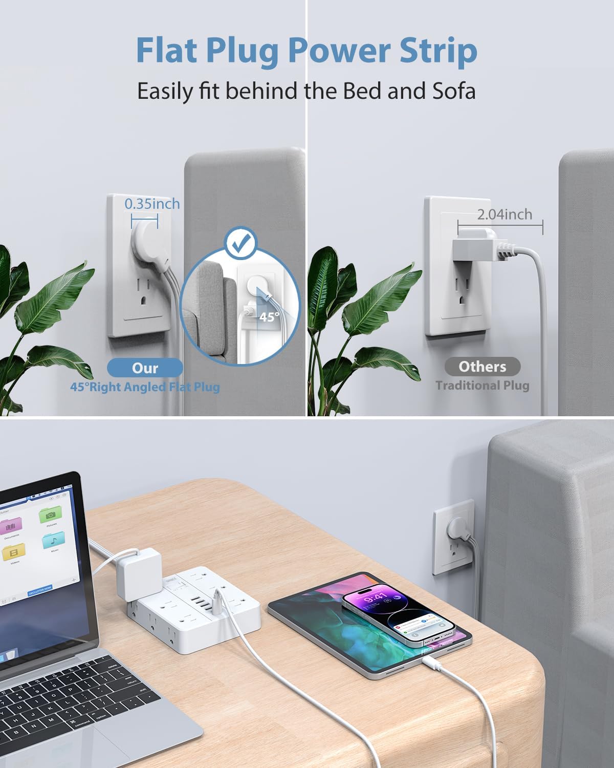 Surge Protector Power Strip 15 Ft Extension Cord, 12 Widely Spaced Outlets 6 USB (2 USB C) Ports, Ultra Thin Flat Plug Surge Protection for Home, Office, Dorm Room Essentials