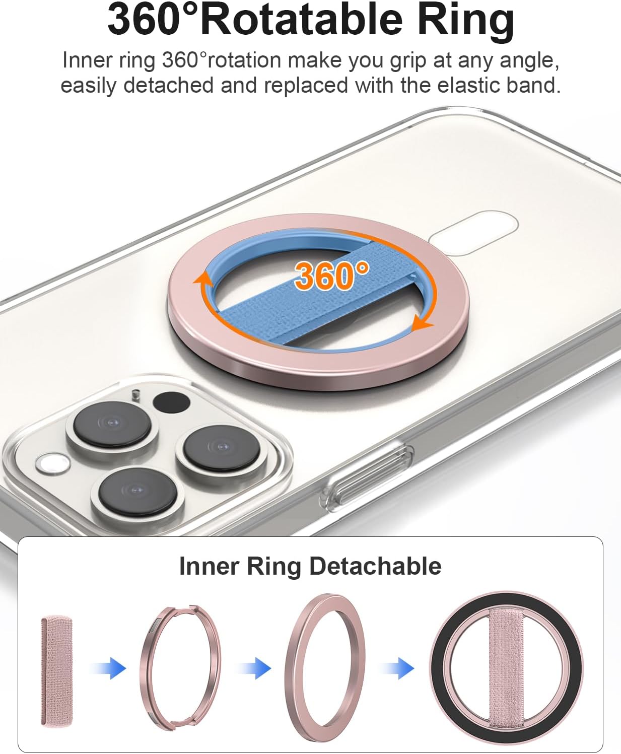 EWA MagOne Solo Phone Grip with Replaceable Elastic Finger Loop, Removable Magnetic Ring Holder Loop, Accessories for iPhone 16,15, 14, 13 Pro/Max/Plus, No Stand-Rosegolden