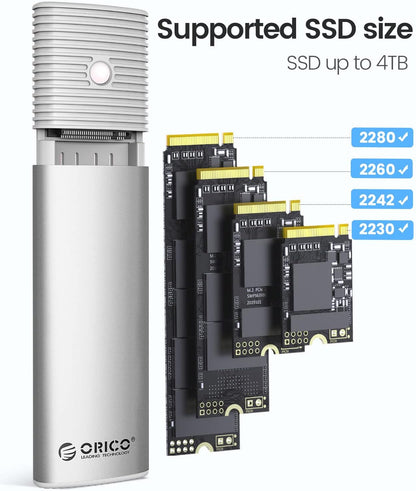 ORICO M.2 NVMe SATA SSD Enclosure Adapter Tool-Free, USB C 3.2 Gen 2 10Gbps NVMe, 5Gbps NGFF SATA PCIe M-Key(B+M Key) 2230/2242/2260/2280, Aluminum External M2 Reader Support UASP Trim-WH(G2A)