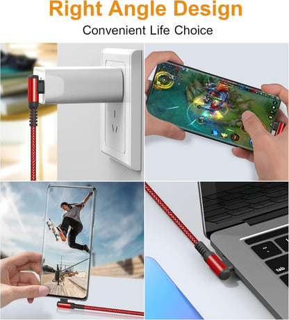 sweguard USB C Cable Right Angle [3Pack, 10FT+6.6FT+3.3FT], USB Type C iPhone 16 Charger Cable Nylon Braided Cord for iPhone 15 16 Pro Max Plus, Samsung Galaxy S25 S24 S23 S22 S21 S10 Note 20 10, Moto