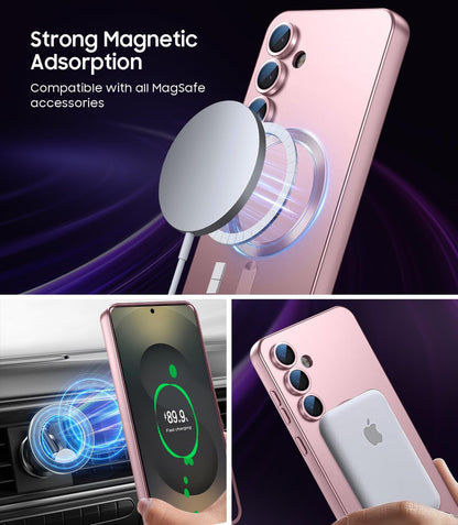 Magnetic for Samsung Galaxy S25 Case [Compatible with MagSafe][Built-in Camera Lens Protector] Slim Soft Silicone Bumper Shockproof Metallic Luster Phone Case (Rose Gold)