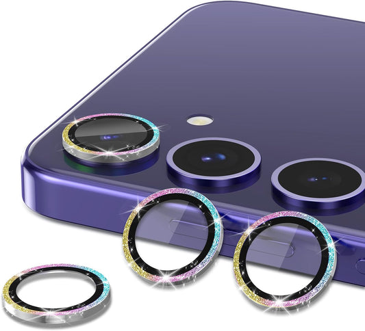 for Samsung Galaxy S24 Plus Camera Lens Protector, Individual Metal Ring Tempered Glass Lens Cover, [Strong Adsorption] Scratch Resistant Ultra-Thin HD Clear Lens Cover, 1 Set-Colorful Sparkly