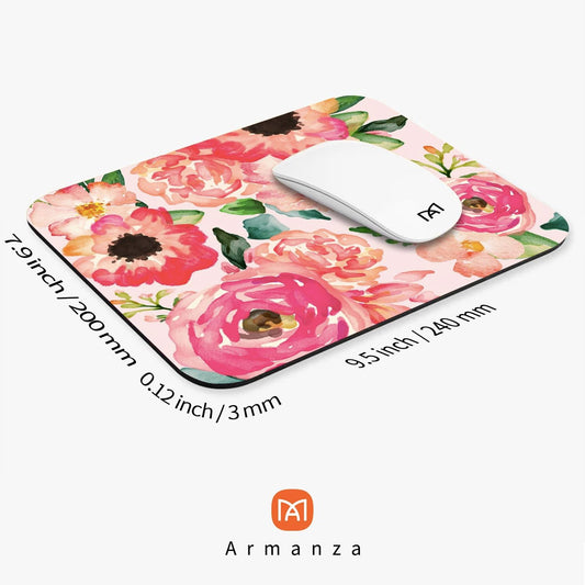 Square Mouse Pad Pink Watercolor Flower, Personalized Premium-Textured Custom Mouse Mat Design, Washable Mousepad Cloth, Non-Slip Rubber Base Computer Mouse Pads for Wireless Mouse