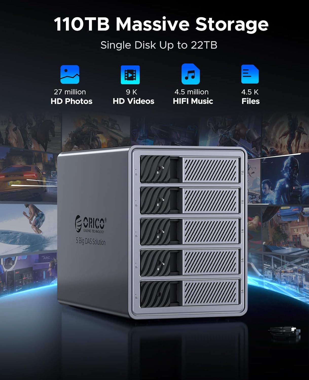 ORICO 5 Bay DAS Hard Drive Enclosure USB 3.0 for SATA 3.5 inch SSDs HDDs Bracket-Free External Hard Drive Bay Max up to 110TB ( Alluminum Alloy) -9858U3