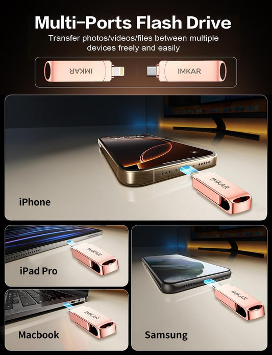 MFi Certified 512GB Flash Drive for iPhone iPad, IMKAR Memory Stick Storage for Photos Videos, Compatible with iPhone iPad Android and PC, Plug and Play No Application Required (Rose Gold)
