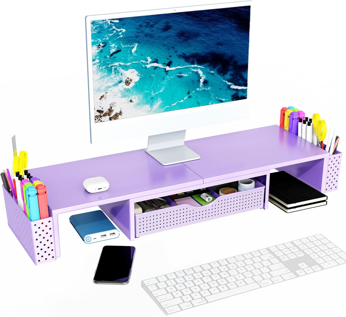 Spacrea Metal Desk Organizers and Accessories, Dual Monitor Stand Riser with Drawer and 2 Pen Holders, Desk Accessories & Workspace Desktop Organizers for Office Supplies (Purple)