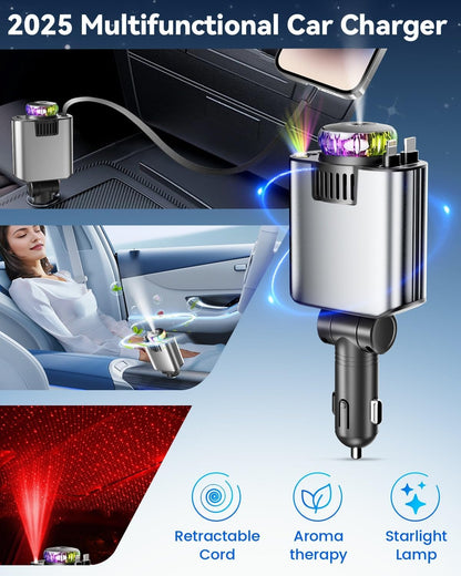 Retractable Car Charger with Air Freshener Diffuser & Star Lights,Multi Port Cigarette Lighter Adapter for iPhone Car Phone Charger USB-C/Type-C Fast Charging with 2 Retractable Cable,Car Aromatherapy