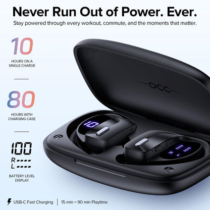 OCC Wireless Ear Hook Sport Earbuds, Bluetooth Headphones with Mic, IPX5 Waterproof, 80H Playtime, Deep Bass, Secure Fit for Running Gym Workout - Black
