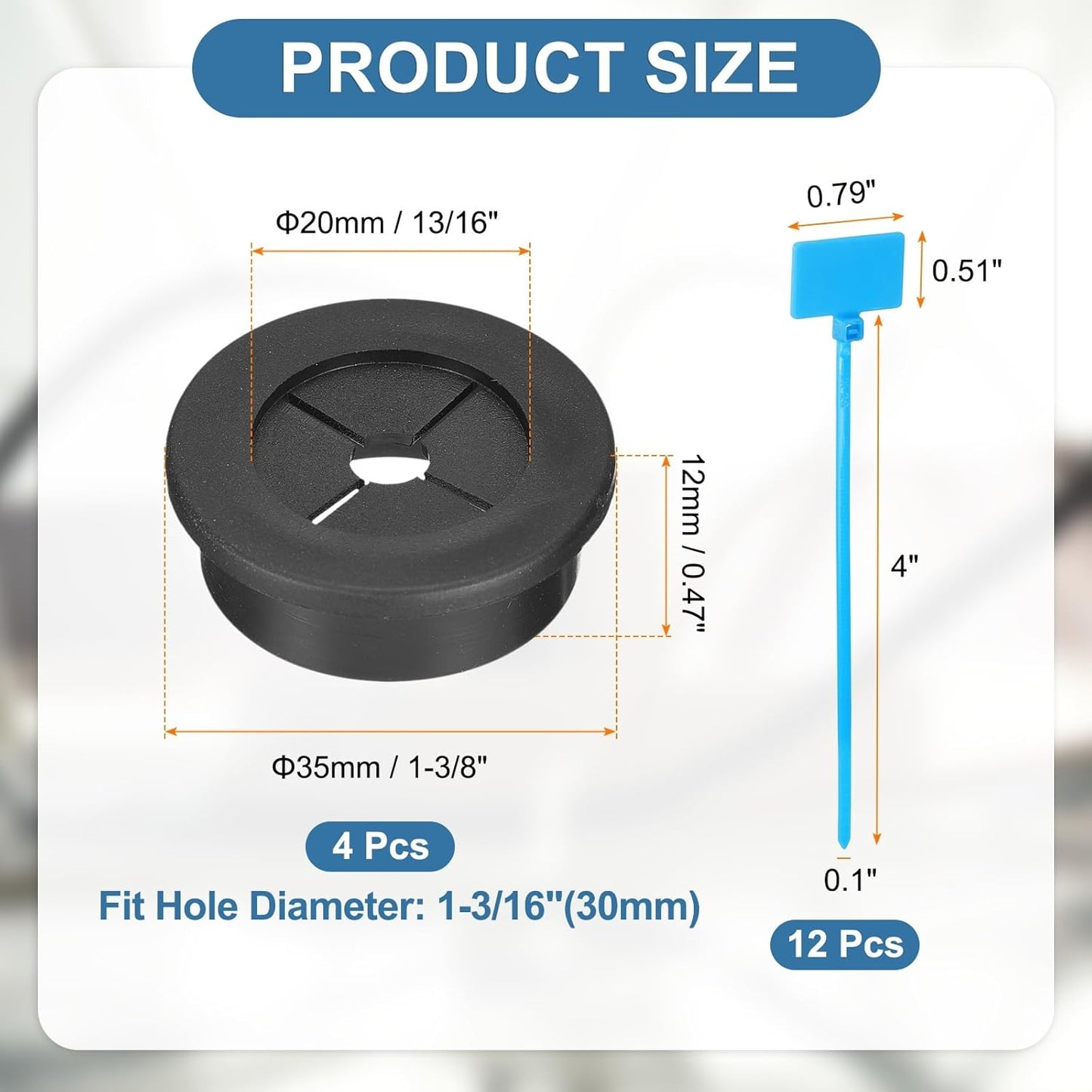 uxcell 4Pcs Cable Cord Grommet, 1-3/16"(30mm) Rubber Desk Grommets Wire Pass Through Hole Cover with Marked Cable Ties for Home Office Cable Wire Protection, Black