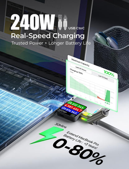 LISEN USB C to Lightning Cable, 240W 4 in 1 Charging Cable 6.6FT, Chubby USB A/C to C/Lightning with Light for iPhone 16e 16 15 14 Pro/MacBook/iPad/Samsung S25/Switch 2, Multi Chargers for All Devices