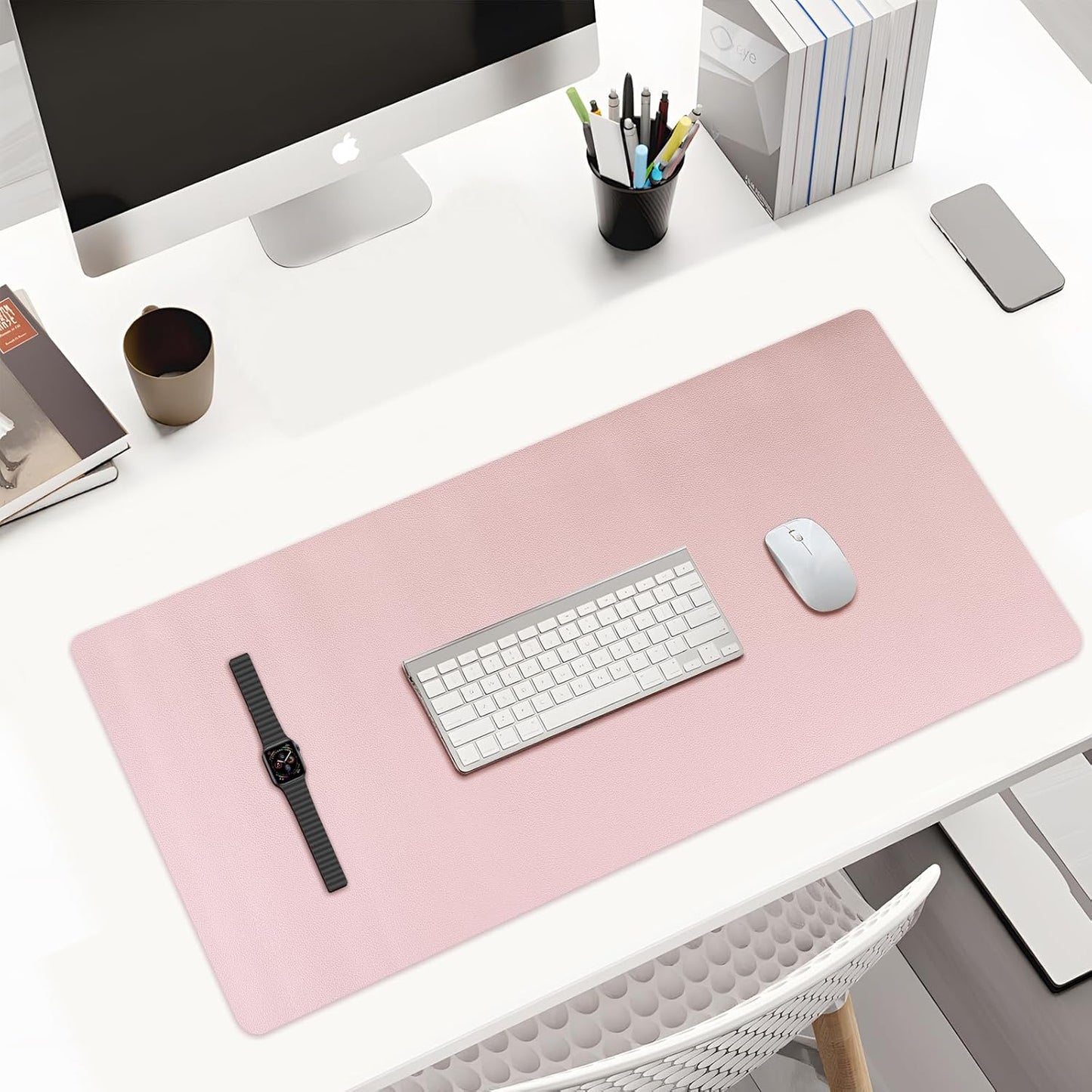 KINGFOM Desk Pad Office Desktop Protecter, PU Leather Desk Mat Blotters Organizer with Comfortable Writing Surface (47.2" x 23.6", Light Green+Pink)