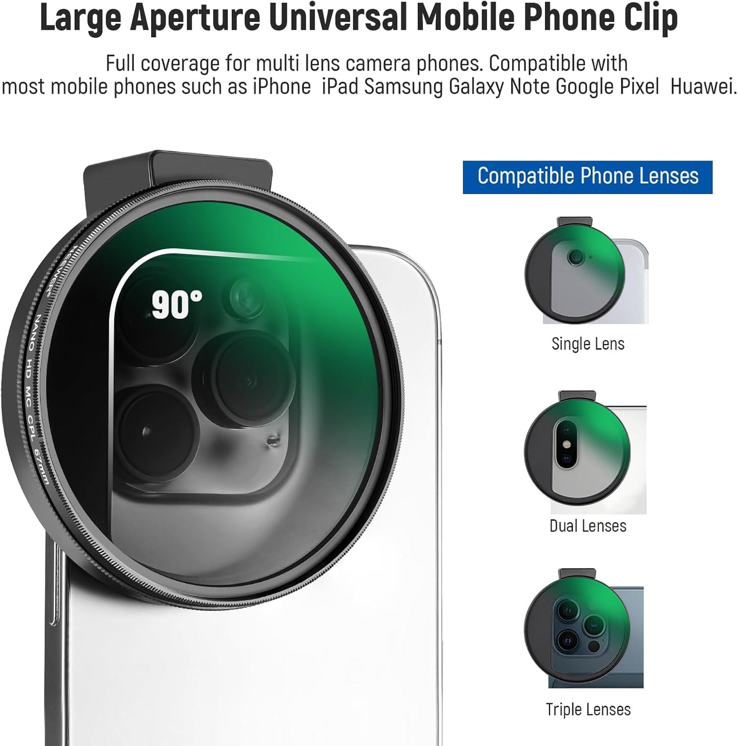 NEEWER CPL Filter for Phone, 67mm Camera Lens Polarizing Filter with Metal Cold Shoe Phone Clip Compatible with iPhone 16 15 Pro Max Plus 14 13 Pro Max Mini 12 11 X XS Max Samsung Galaxy, FL-27