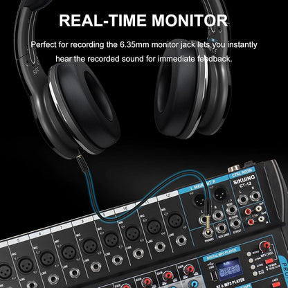 12 Channel Audio Interfacer Sound Board Mixer DJ Mixer 16-Bit DSP Effect USB Audio Mixer +48V Phantom Power Bluetooth Mixer for Karaoke Studio Streaming Recording,Live Streaming